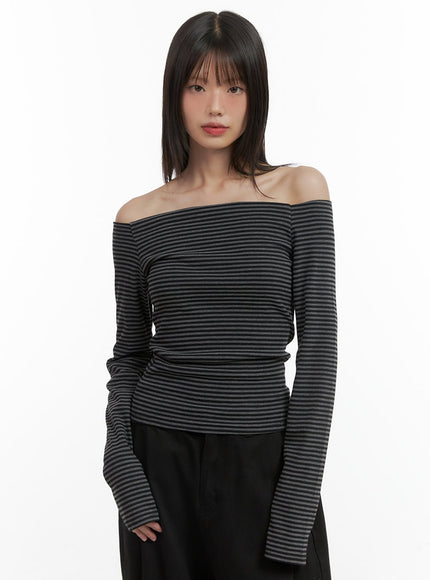 stripe-off-shoulder-long-sleeve-top-co410 / Black