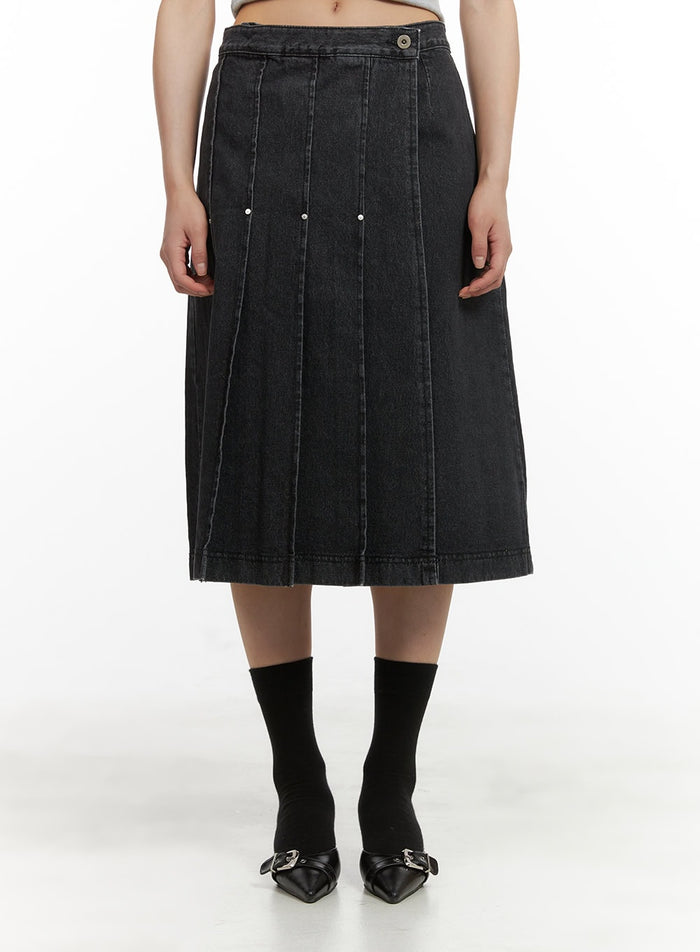 pleated-denim-midi-skirt-cy416 / Black