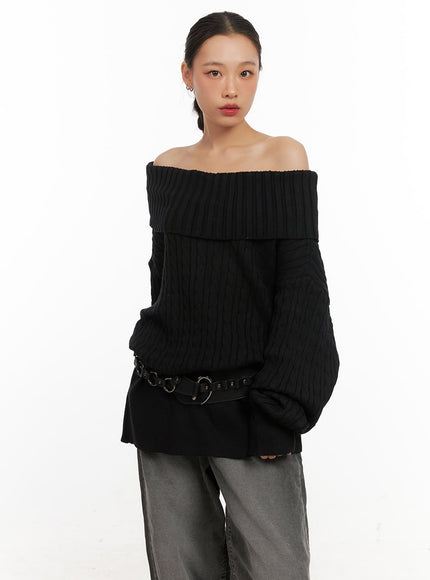 off-shoulder-long-sleeve-cable-sweater-cd410 / Black