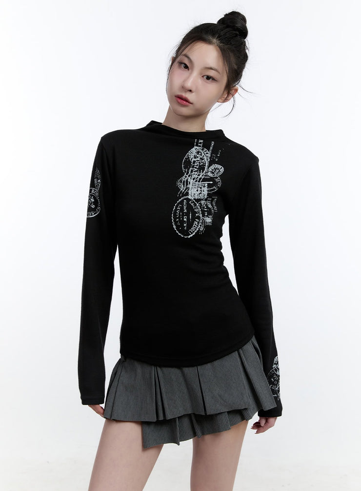 slim-fit-graphic-print-long-sleeve-top-cj522 / Black