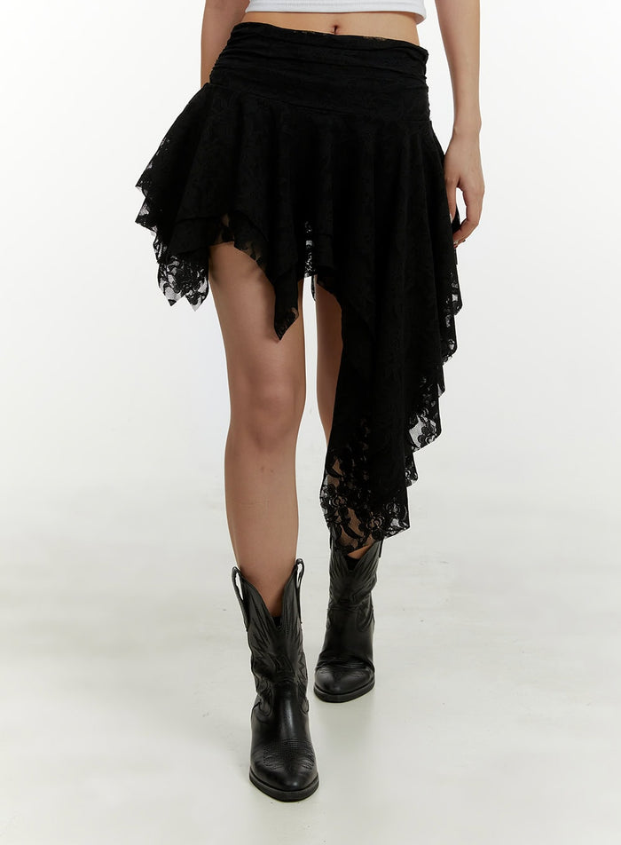 lace-ruffle-asymmetrical-mini-skirt-cy408 / Black
