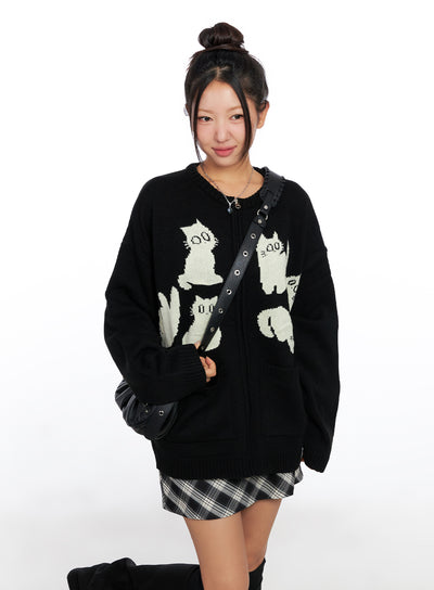 oversized-graphic-zip-up-sweater-co515 / Black