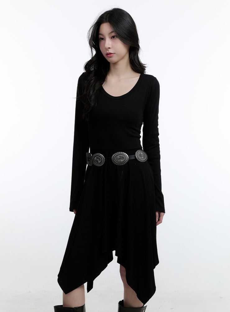 flared-asymmetric-long-sleeve-midi-dress-cj522 / Black