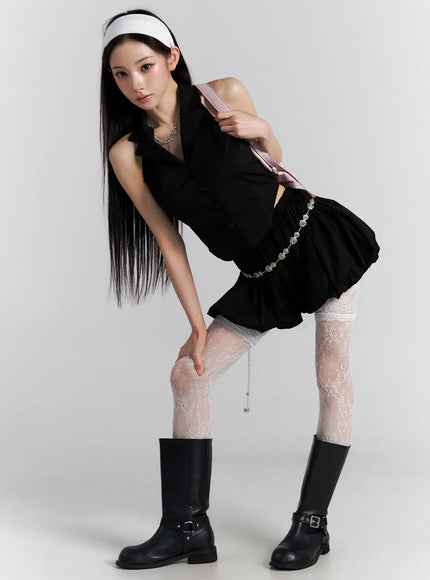 sleeveless-collar-top-and-bubble-skirt-set-cu511 / Black