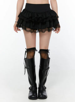 tiered-lace-ruffle-mini-skirt-cy514 / Black