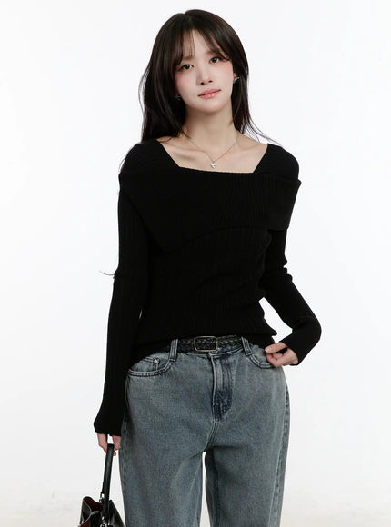 slim-fit-ribbed-long-sleeve-knit-top-cm510 / Black