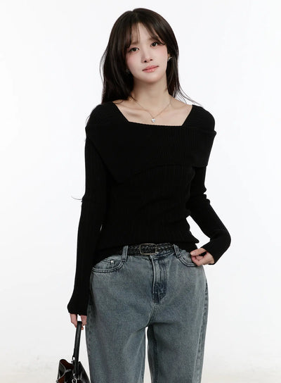slim-fit-ribbed-long-sleeve-knit-top-cm510 / Black
