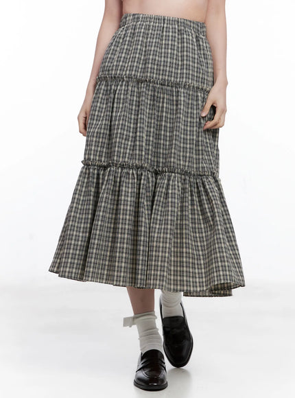 ruffled-gingham-tiered-maxi-skirt-cg520 / Black