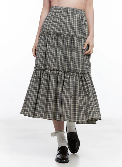 ruffled-gingham-tiered-maxi-skirt-cg520 / Black