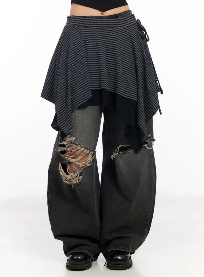 striped-asymmetric-flare-skirt-cd1202 / Black