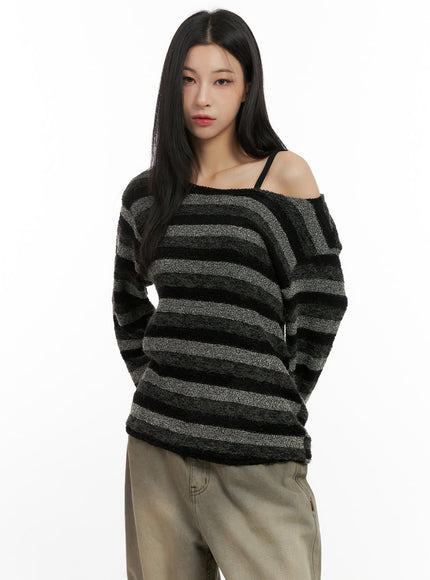 loose-fit-striped-knit-sweater-cn416 / Black