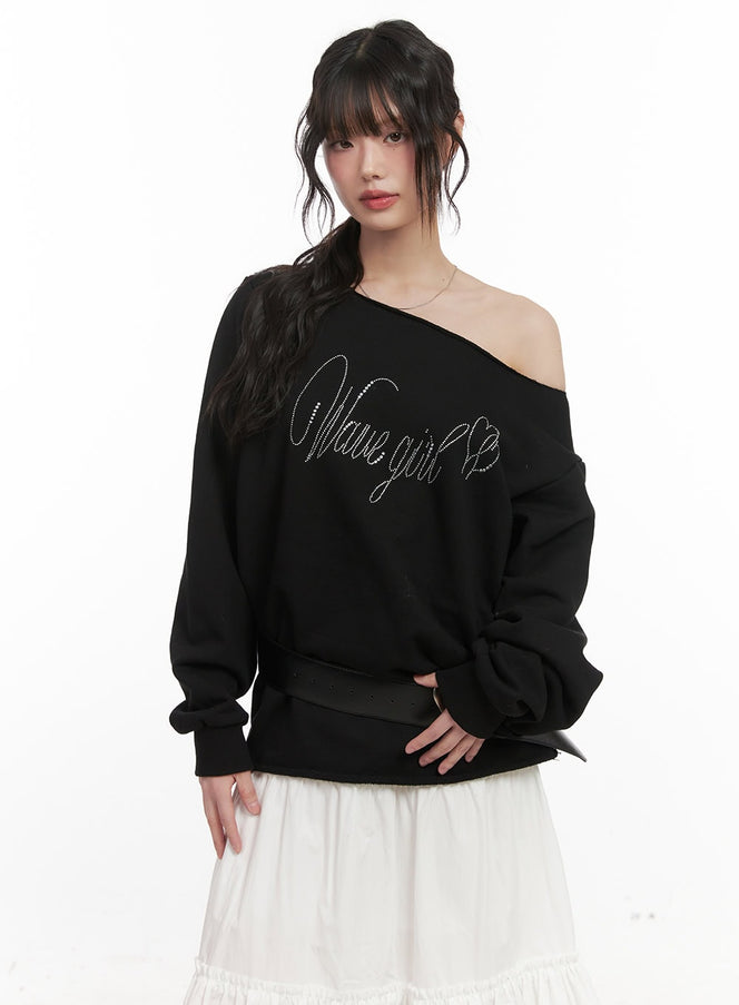 chic-one-shoulder-studded-sweatshirt-cj523 / Black