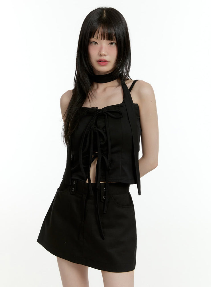 ribbon-strap-sleeveless-top-with-scarf-cl426 / Black