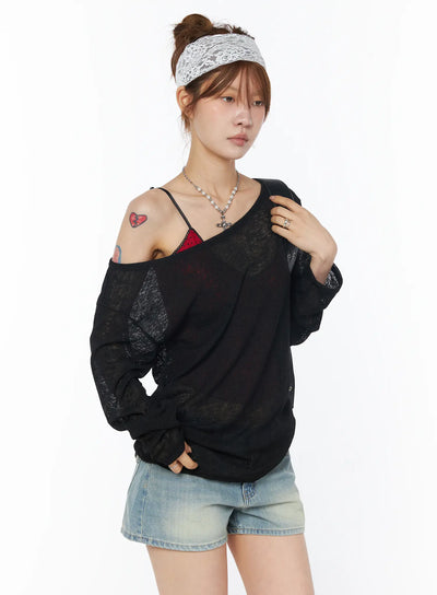 sheer-off-shoulder-long-sleeve-top-cy528 / Black