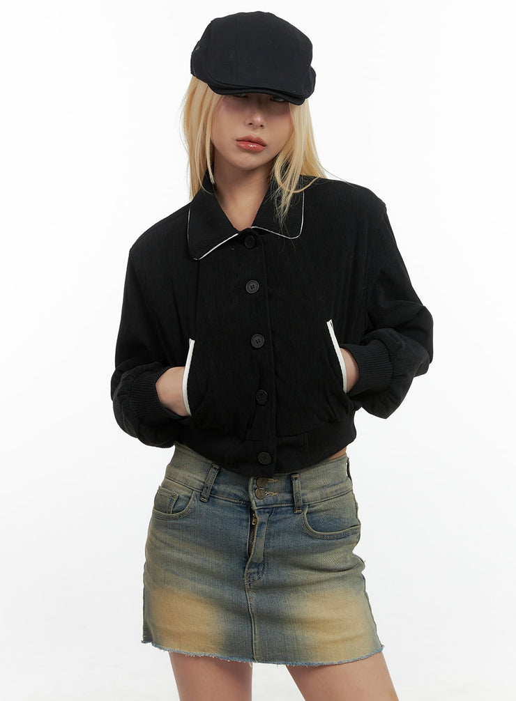 chic-collared-polyester-crop-jacket-cs425 / Black