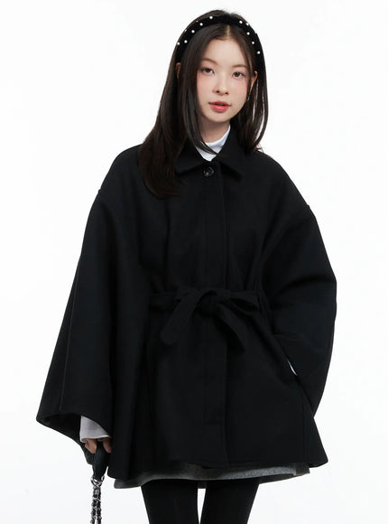 elegant-wool-blended-cape-coat-cn518 / Black