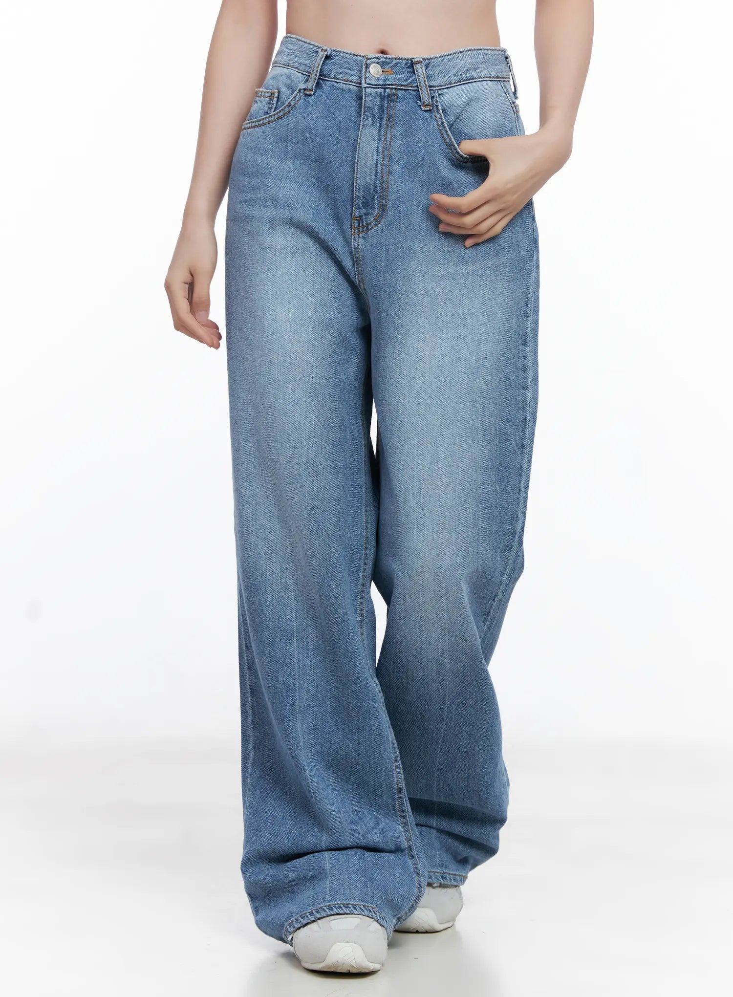 LEWKIN Jung Straight-Leg Washed Jeans CG521 in blue, front three-quarter crop on model, high-waist wide-leg cotton denim with washed finish and front pockets, hand in pocket pose.