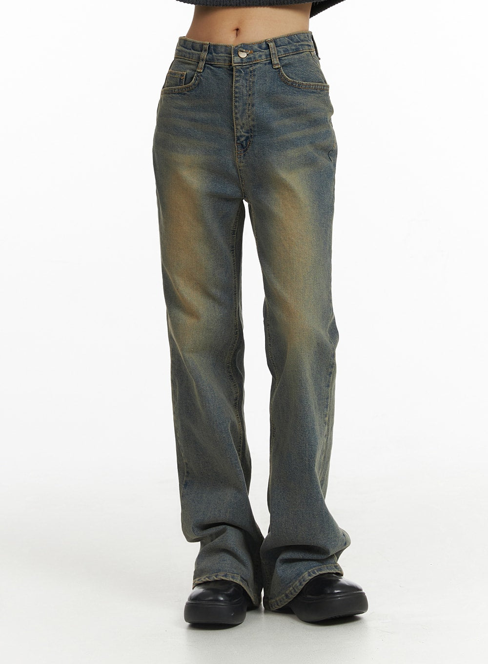 LEWKIN Washed Slim Fit Bootcut Jeans CJ431 in blue, front close-up on model, slim fit cotton-denim-spandex with vintage yellow wash fading, five-pocket styling, bootcut hem pooling over black platform shoes.
