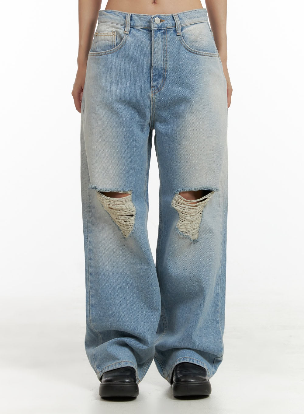 LEWKIN Urban Washed Ripped Baggy Jeans CU405 in Blue, front waist-to-hem shot on model, wide-fit cotton denim with large destroyed knee cutouts and frayed threading, washed light blue.