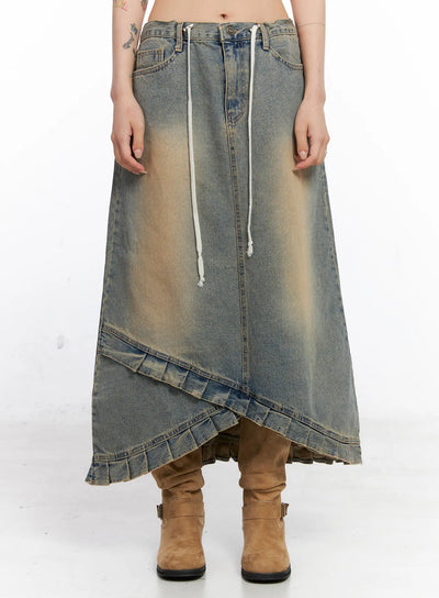 asymmetric-ruffled-denim-maxi-skirt-co507 / Blue