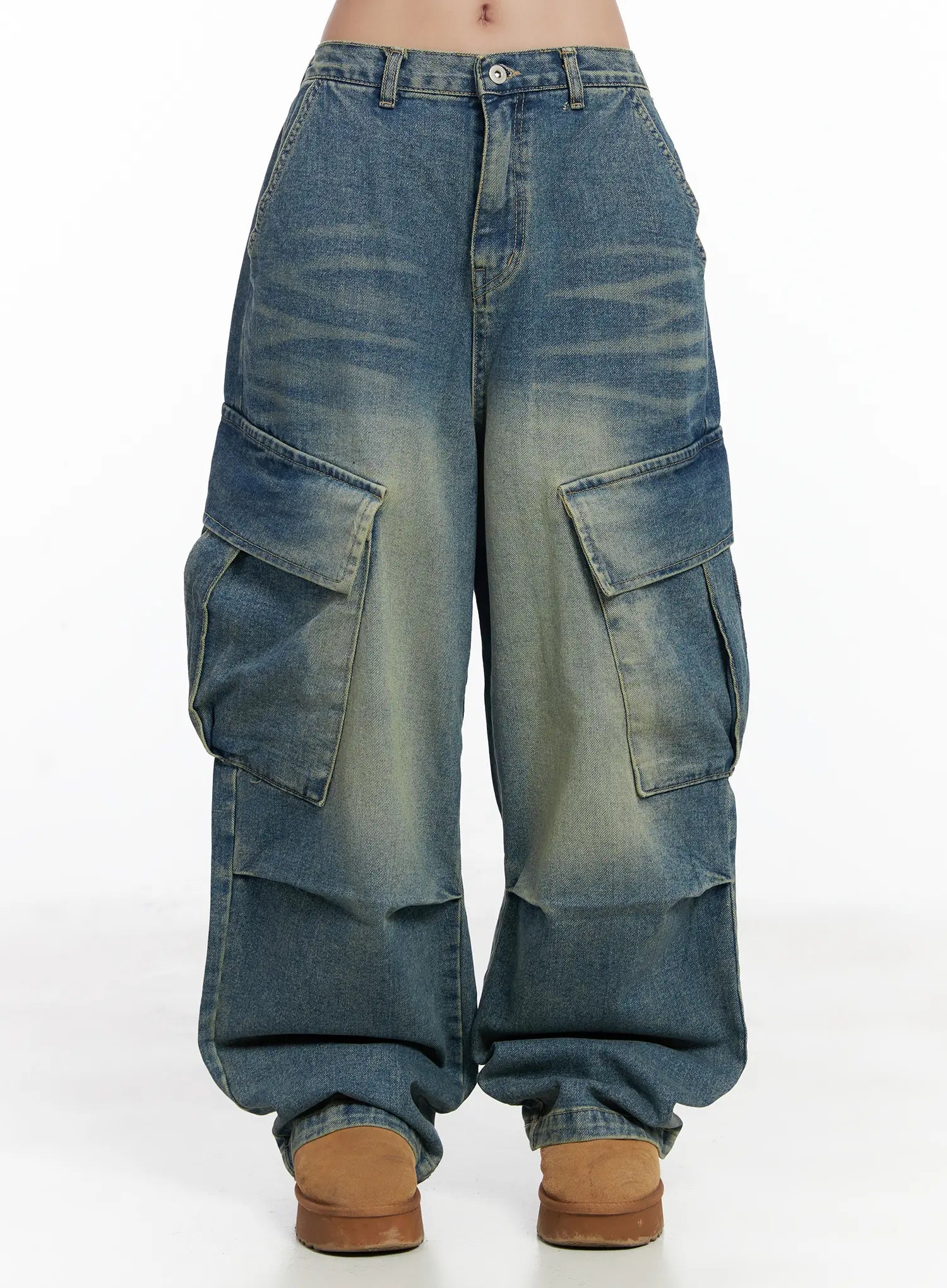 LEWKIN Jake Wide-Leg Cargo Jeans CJ515 in blue, front product shot on model, washed cotton denim with dual flap cargo pockets and wide-leg silhouette, paired with tan platform boots.