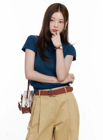 mock-neck-short-sleeve-knit-top-cg520 / Blue