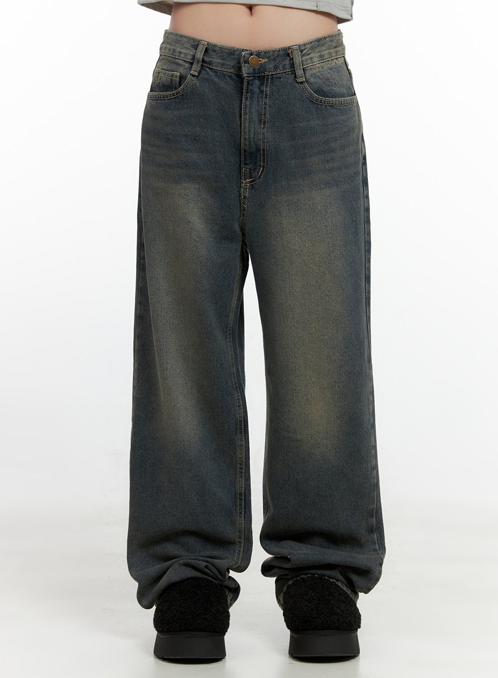 LEWKIN Alina Washed Wide-Leg Jeans CN407 in blue, front product shot from waist down, vintage washed cotton denim with yellow tint fading, wide fit pooling at hem.