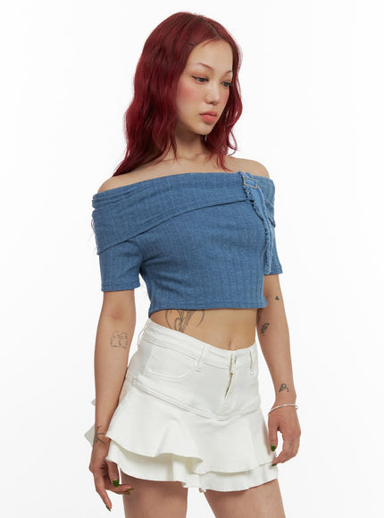 denim-detail-off-shoulder-crop-top-cy430 / Blue