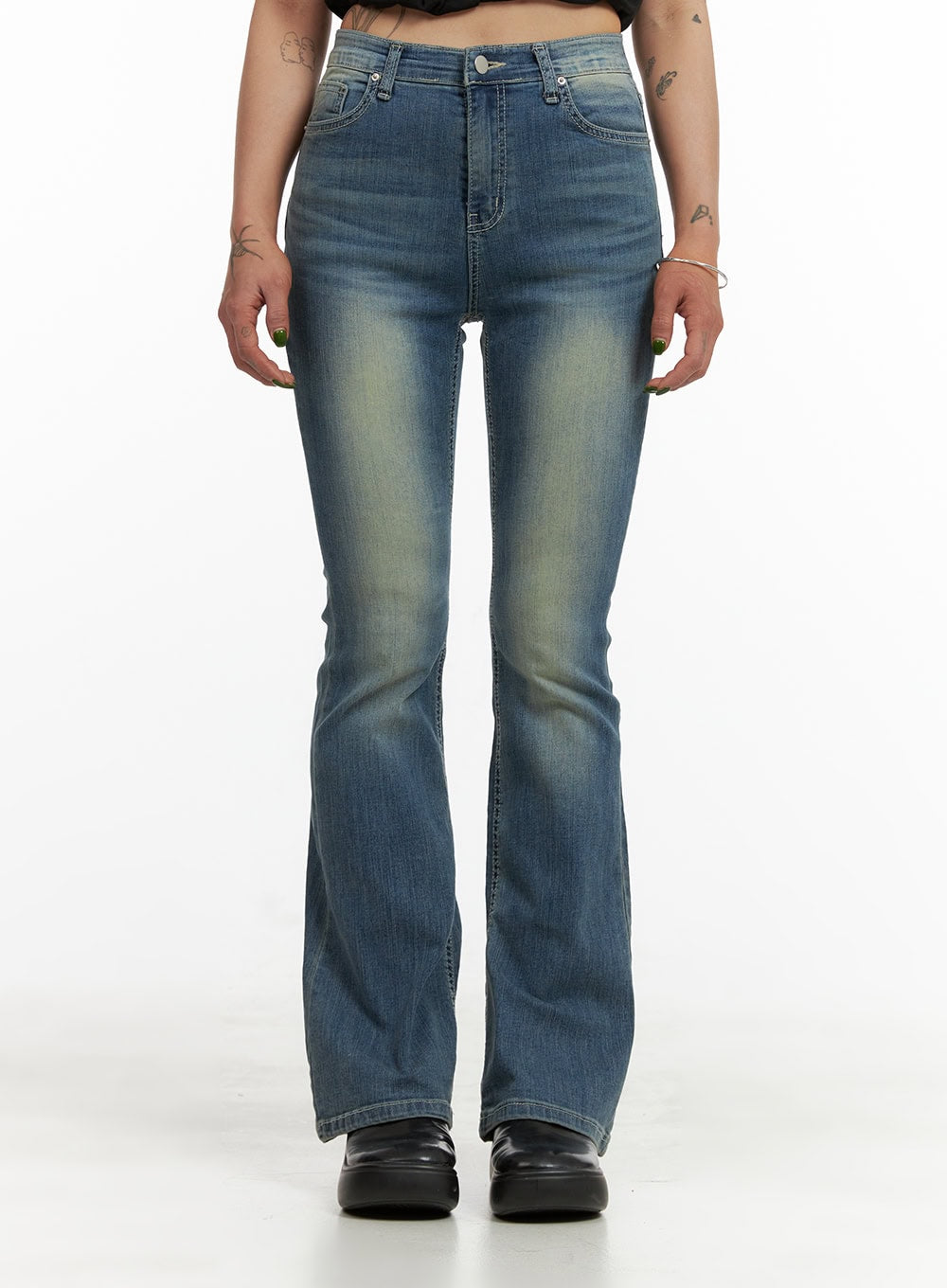 LEWKIN Washed Slim Bootcut Jeans CY429 in blue, front view on model, high-waist slim fit with washed fading, subtle bootcut flare hem, paired with black chunky loafers.