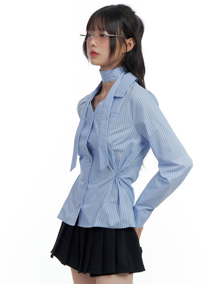 sleek-buttoned-stripe-blouse-cs420 / Blue