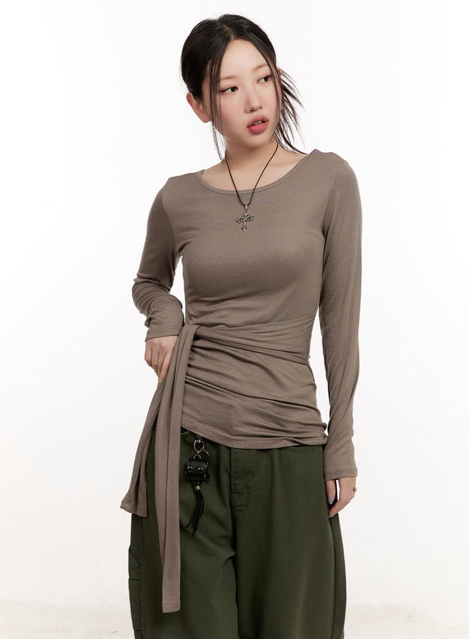 wrap-tie-long-sleeve-top-cm510 / Brown