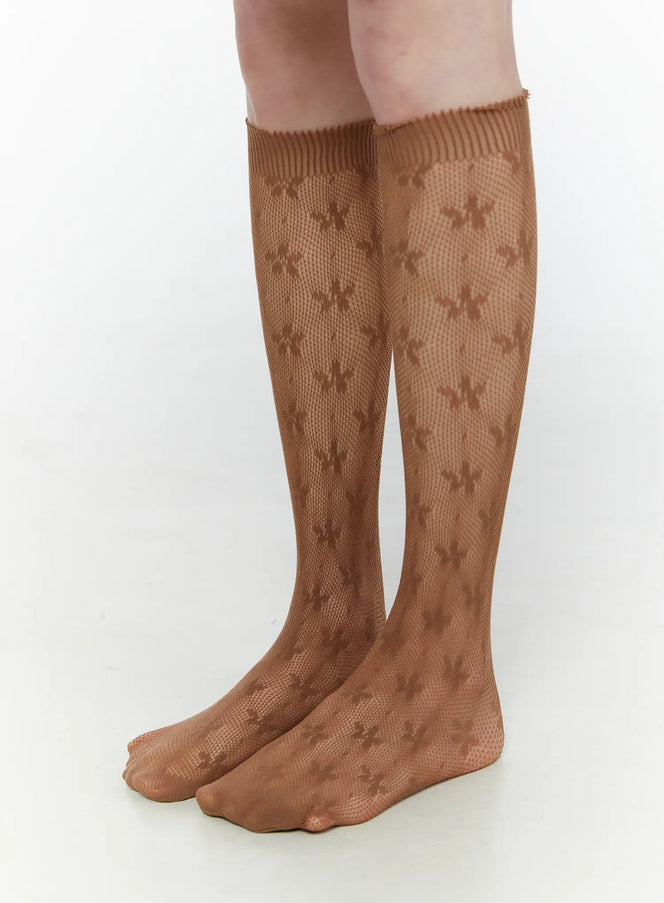 floral-mesh-knee-socks-cu508 / Brown