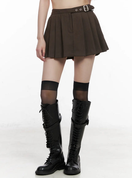 belt-detail-pleated-mini-skirt-cn510 / Brown
