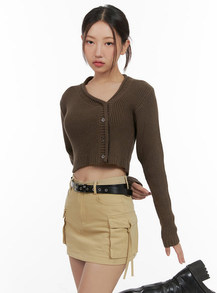 asymmetrical-knit-v-neck-buttoned-crop-cardigan-cg422 / Brown