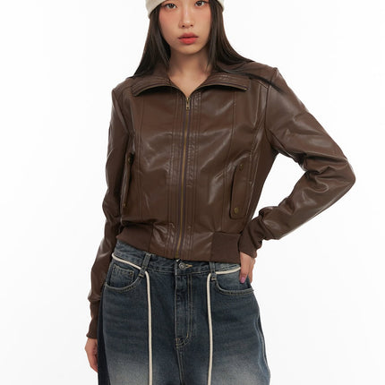 long-sleeve-faux-leather-zip-jacket-cd409 / Brown