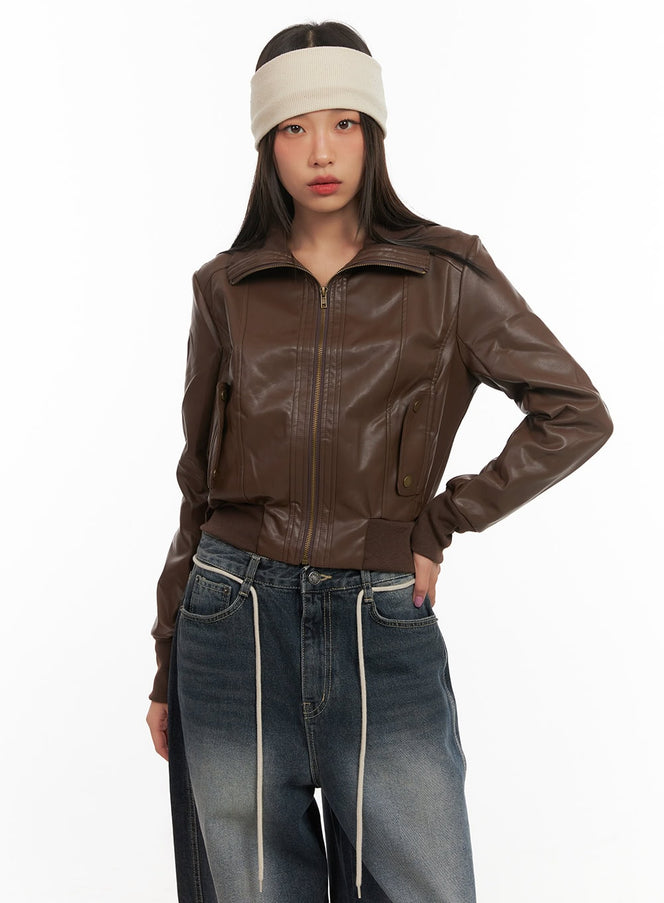 long-sleeve-faux-leather-zip-jacket-cd409 / Brown