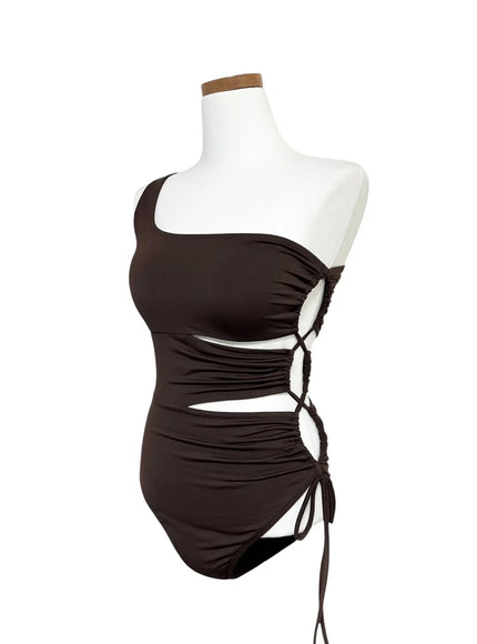 asymmetric-strappy-one-piece-swimsuit-iy514 / Brown
