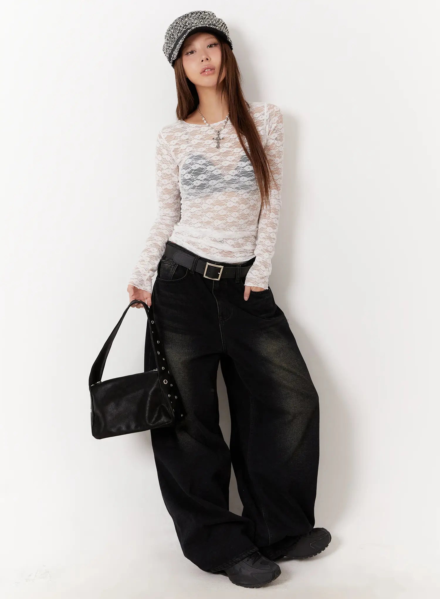 LEWKIN Myla Dark Wash Wide-Leg Jeans CD512 in dark black wash, full front view on model, ultra-wide cotton leg with faded wash, styled with white lace top, belt, and black shoulder bag.
