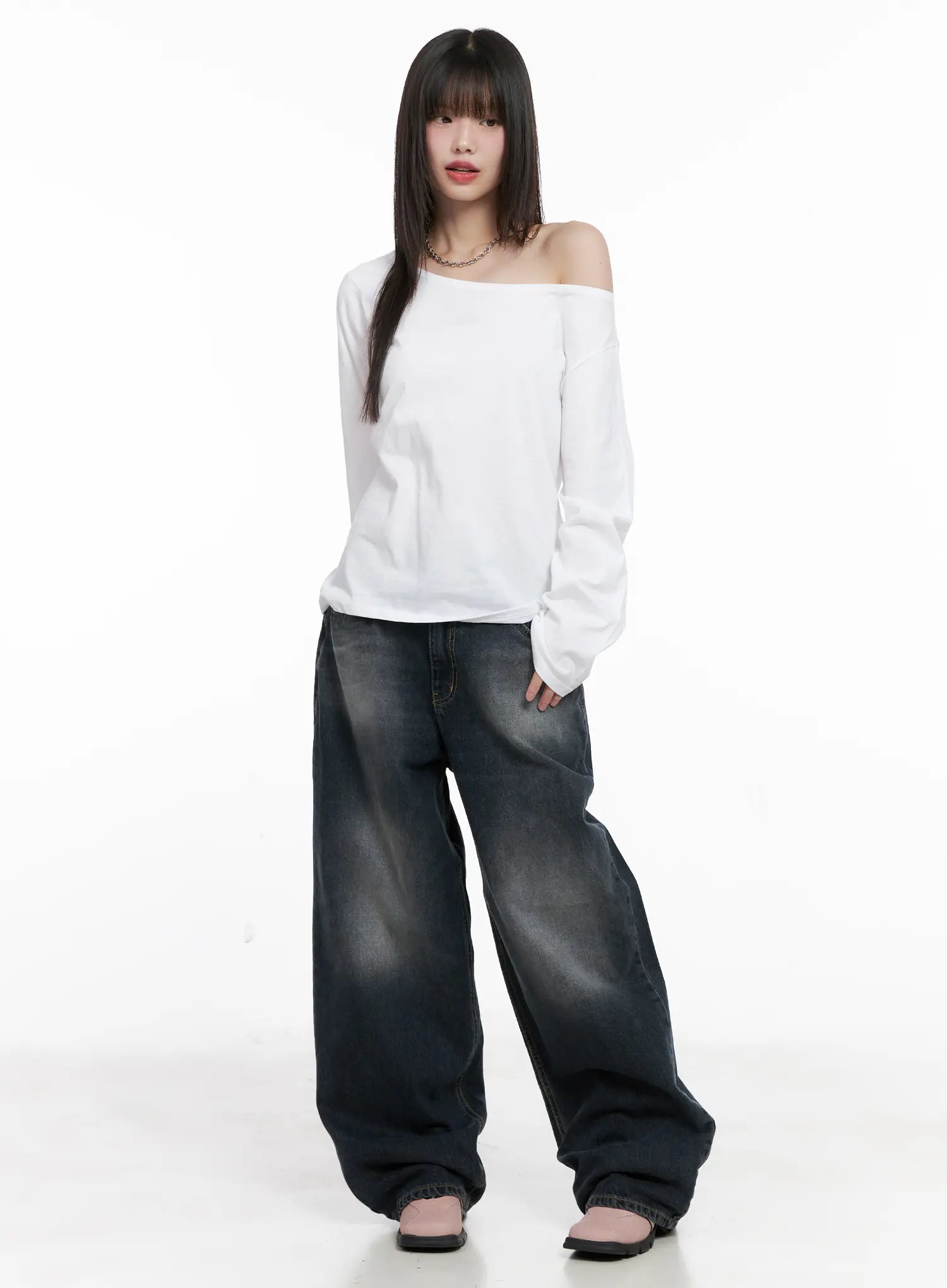 LEWKIN Celi Vintage Wash Wide-Leg Jeans CG515 in dark vintage wash, full front view on model, baggy wide-leg cotton denim with faded wash, styled with white off-shoulder top.