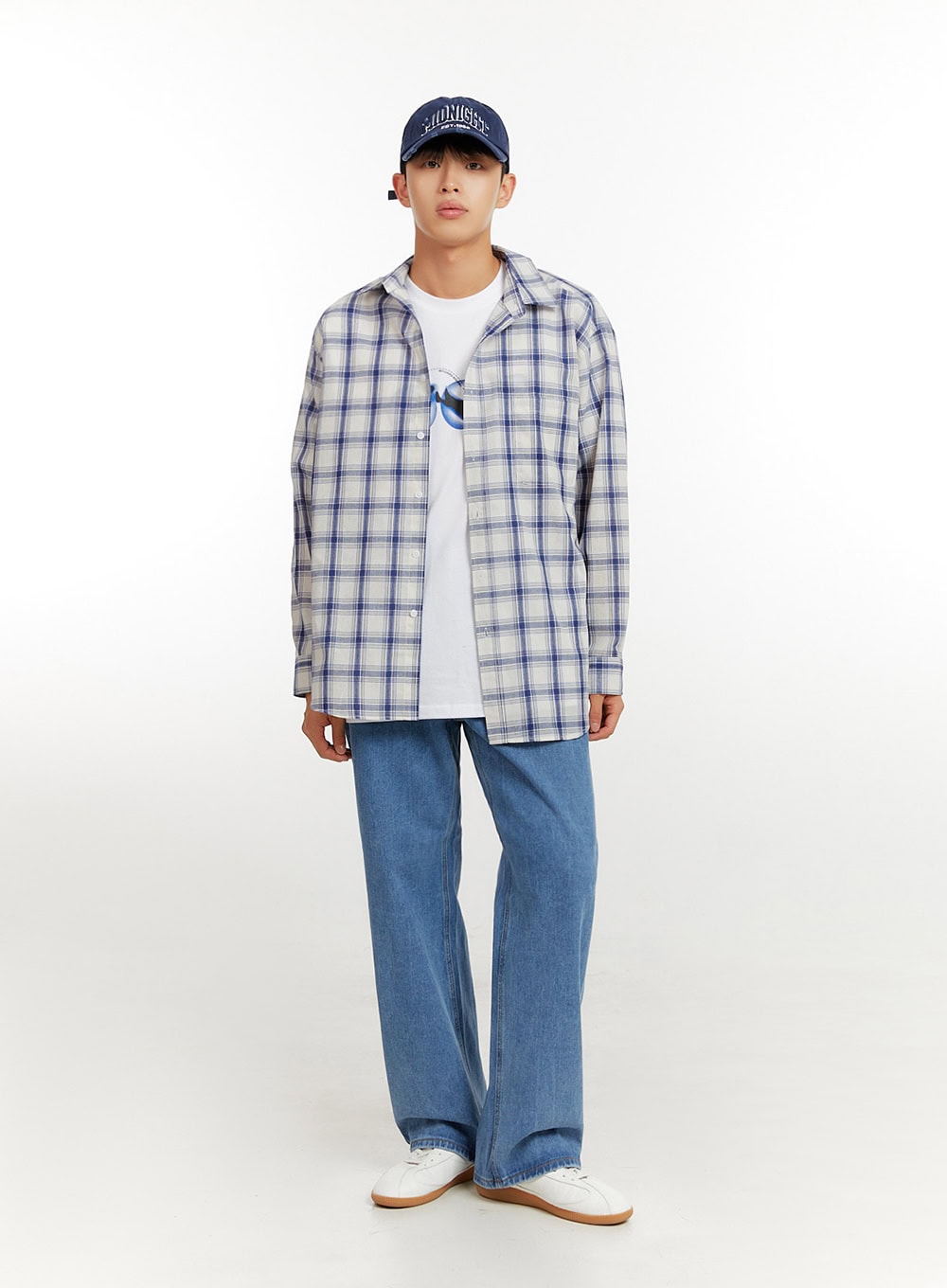 LEWKIN Men's Baggy Jeans (Blue) IU427 in blue, full-body front shot on model in 3XL, wide-leg denim styled with plaid overshirt, white tee, and white sneakers.