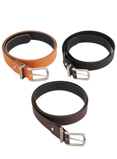 LEWKIN Men's Basic Faux Leather Belt IA401 in tan, black, and dark brown, flat product shot showing all three colorways coiled on white background, smooth faux leather strap with silver pin buckle.