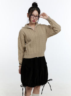 cable-knit-zip-up-cardigan-cd420 / Dark beige