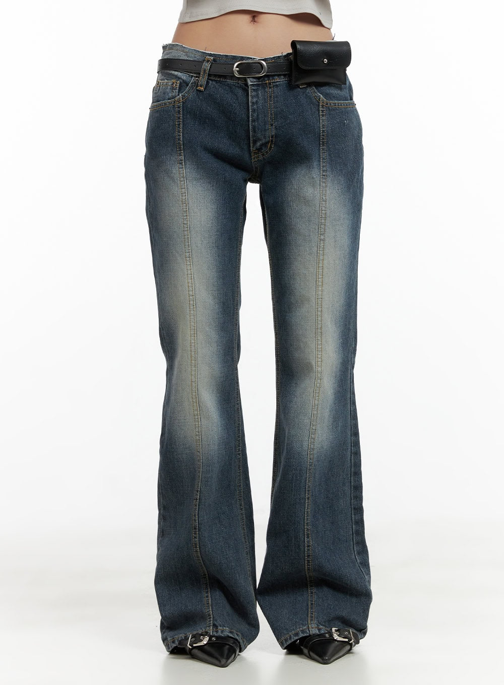 LEWKIN Low Rise Front Seam Bootcut Jeans CL417 in dark blue, front waist-down shot on model, slim-fit washed denim with contrast front seam stitch, styled with black leather belt bag.