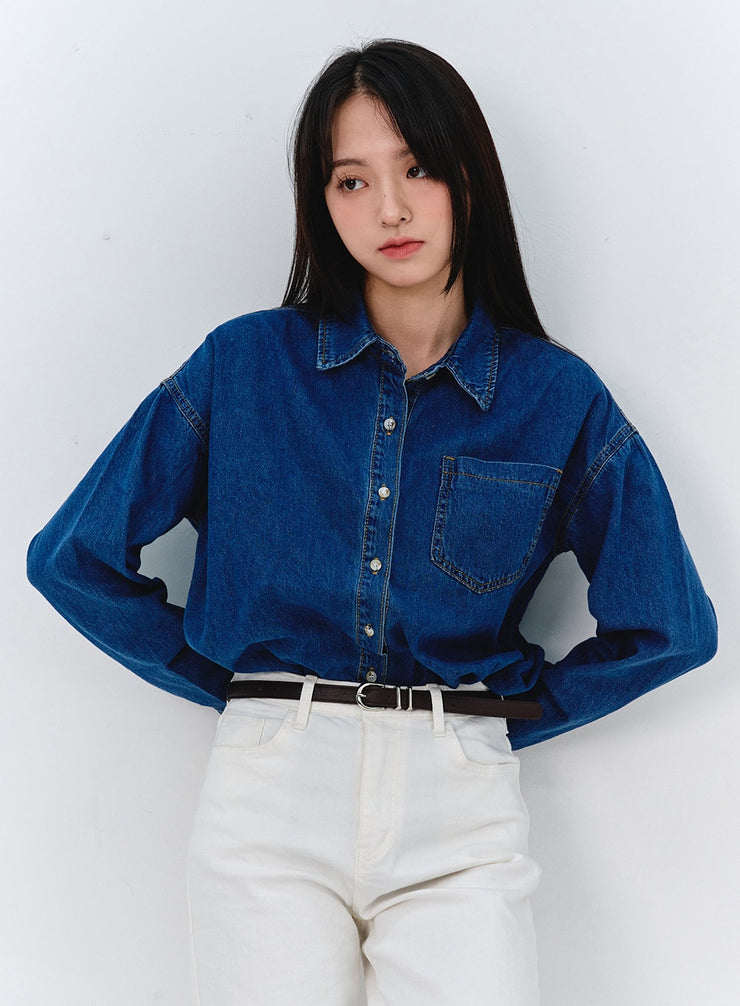 washed-long-sleeve-denim-shirt-oo316 / Dark blue