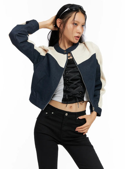 two-tone-knit-biker-jacket-co528 / Dark blue