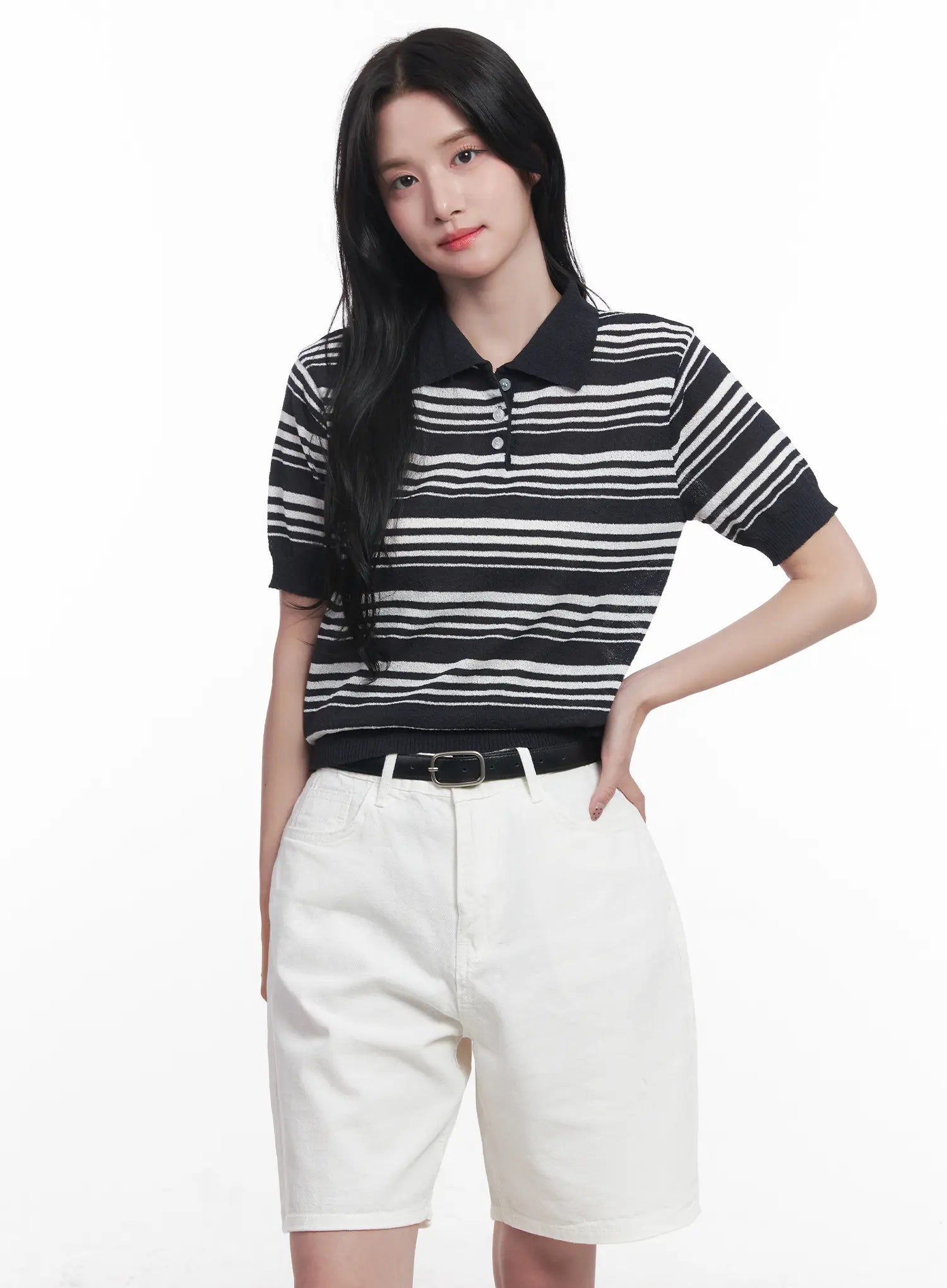 striped-collared-short-sleeve-sweater-cu525 / Dark blue