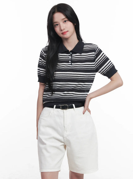 striped-collared-short-sleeve-sweater-cu525 / Dark blue