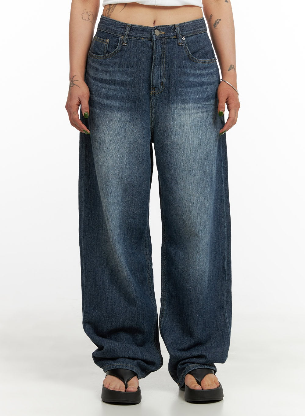 LEWKIN Wide Fit Baggy Jeans CY430 in dark blue, front waist-to-hem crop on model, washed cotton denim with wide-leg silhouette, paired with black thong sandals.
