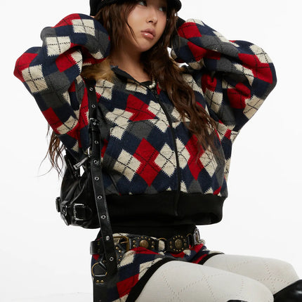 argyle-faux-fur-trim-zip-up-hoodie-cd512 / Dark blue