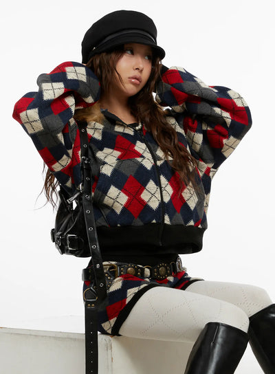 argyle-faux-fur-trim-zip-up-hoodie-cd512 / Dark blue